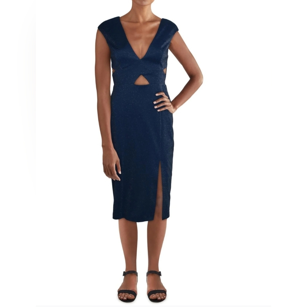AIDAN MATTOX Womens Size 0 Navy Stretch Cut Out Zippered Front Side Slit Dress